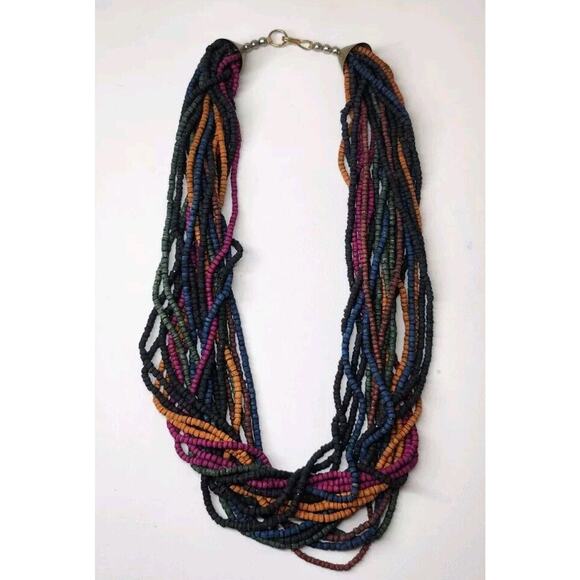 VTG Multi Strand Colorful Wood Bead Silver Chunky Bold Necklace Boho Earthy Bold - Picture 1 of 4